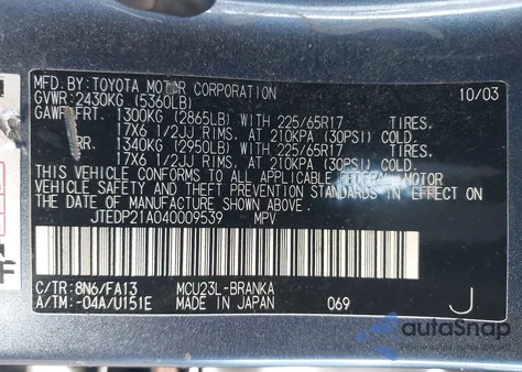 2004 Toyota Highlander Limited V6 from USA, damaged, VIN JTEDP21A040009539